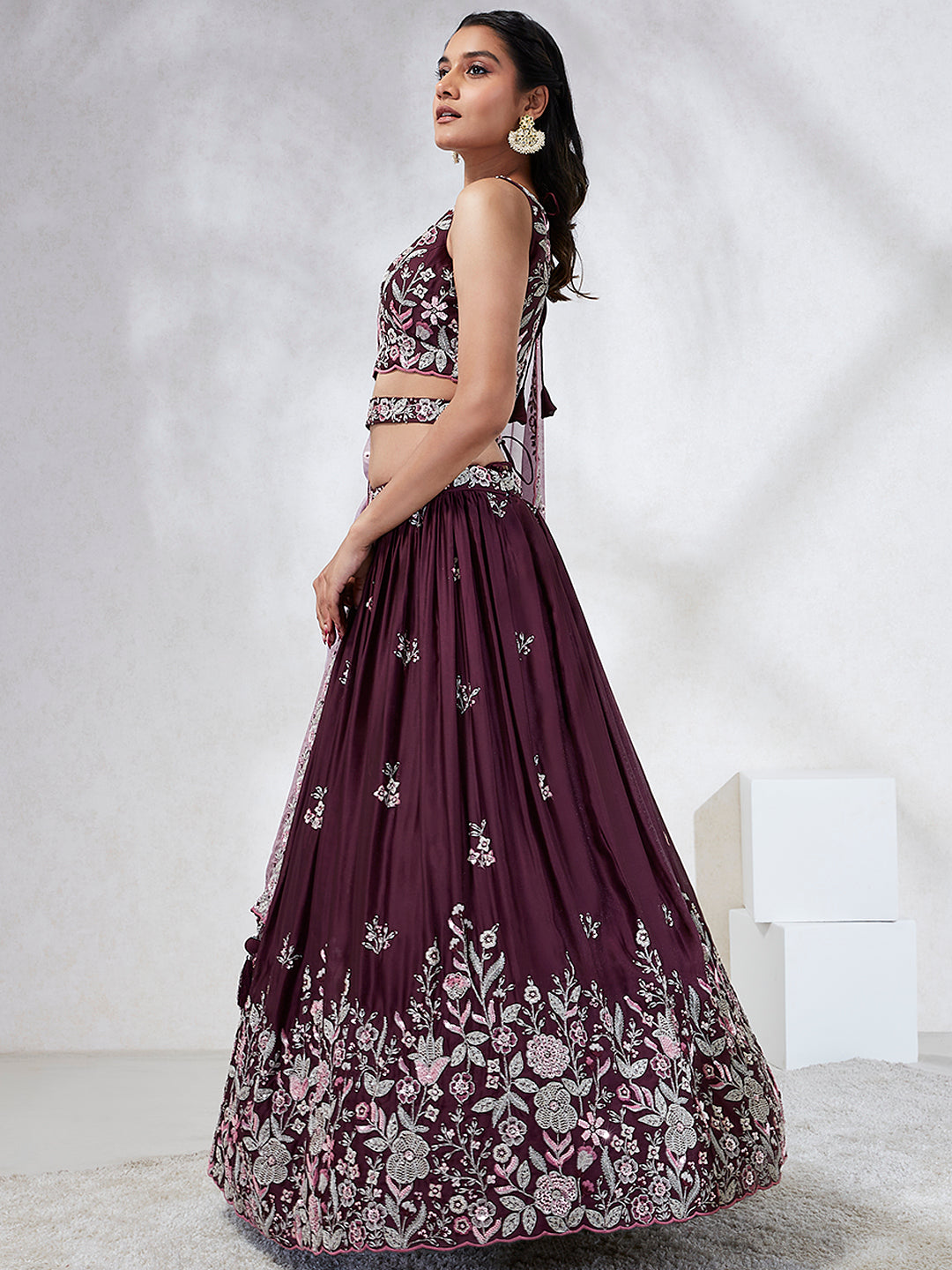 Burgundy Pure Georgette Sequins and thread embroidery Semi-Stitched Lehenga choli & Dupatta