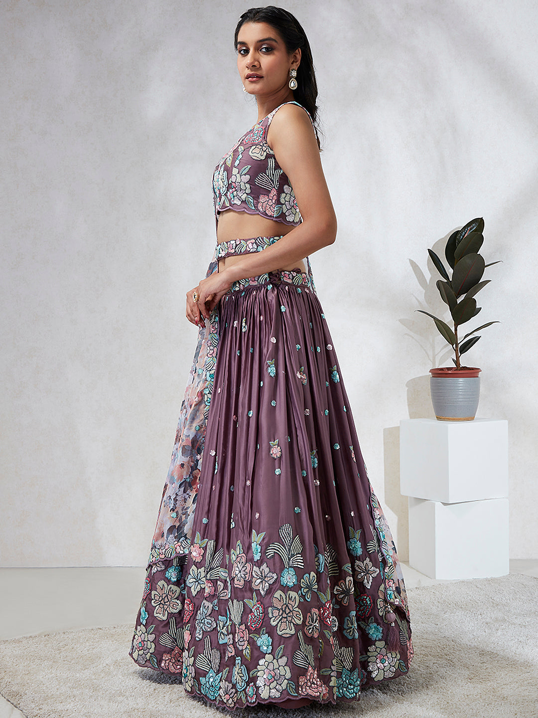 Lavender Georgette Sequins and thread embroidery Semi-Stitched Lehenga choli & Dupatta