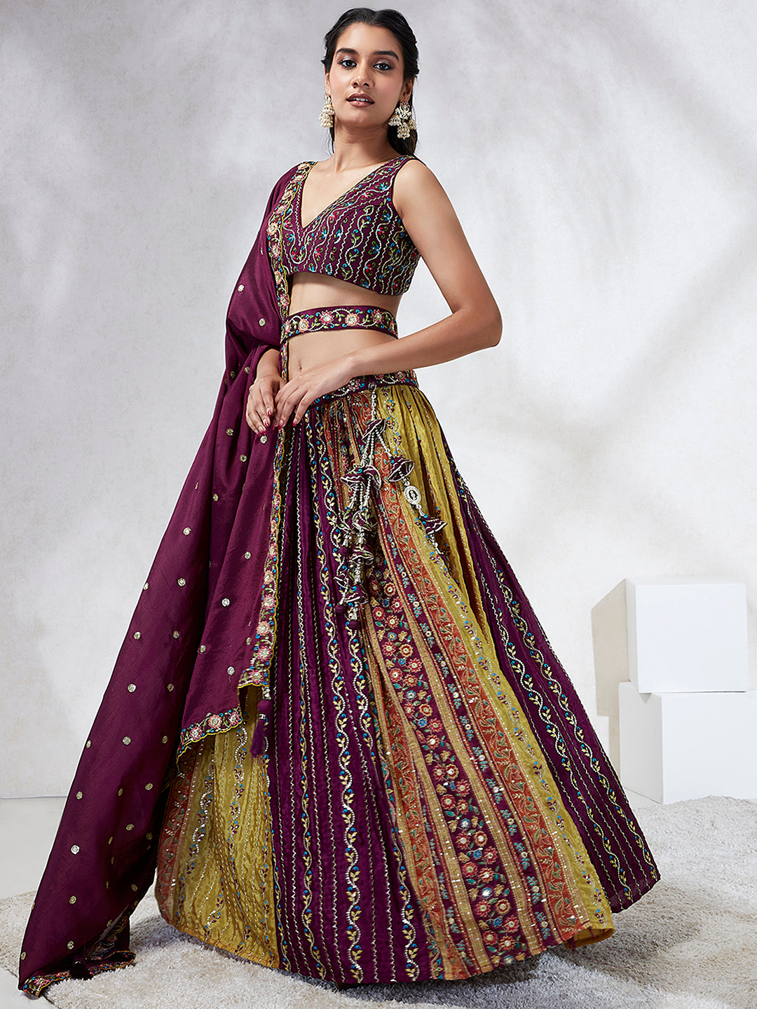 Burgundy Chiffon Position print with Sequins embroidery Semi-Stitched Lehenga choli & Dupatta