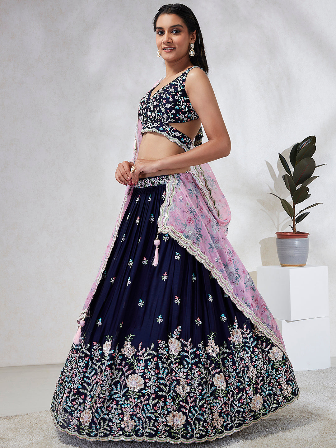 Navy Blue Georgette Sequins, Mirror and thread embroidery Semi-Stitched Lehenga choli & Dupatta