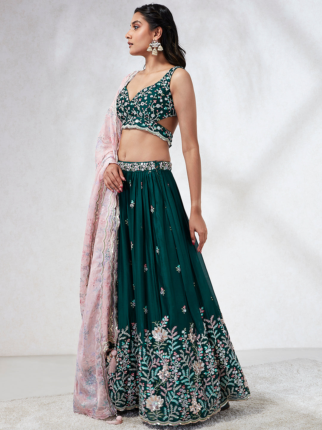 Teal - Georgette Sequins, Mirror and thread embroidery Semi-Stitched Lehenga choli