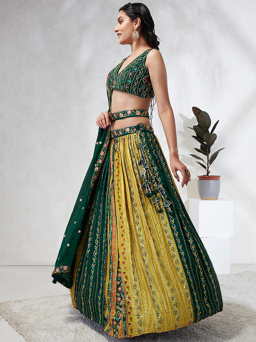 Green Chiffon Position print with Sequins embroidery Semi-Stitched Lehenga choli & Dupatta