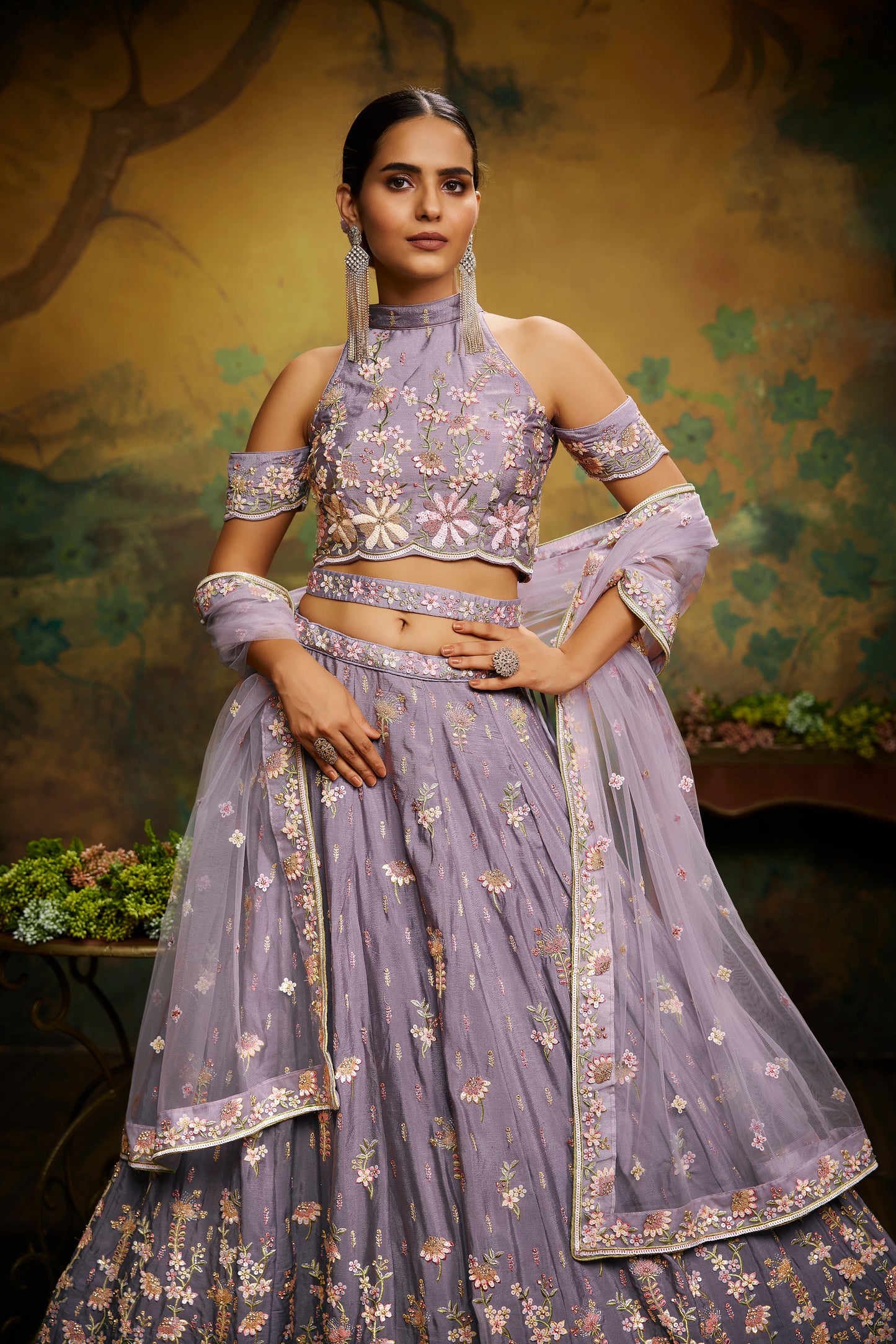 Mauve Pure Georgette Sequins with heavy Zarkan embroidery Semi-Stitched Lehenga choli & Dupatta