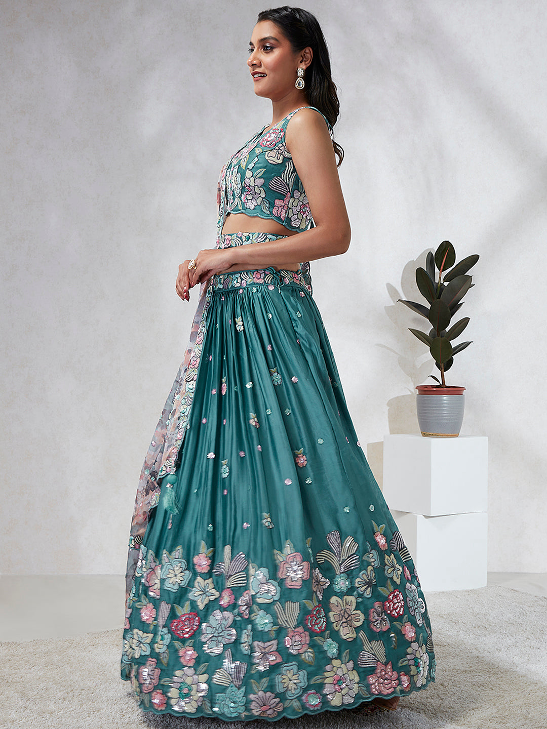 Turquoise blue Georgette Sequins and thread embroidery Semi-Stitched Lehenga choli & Dupatta