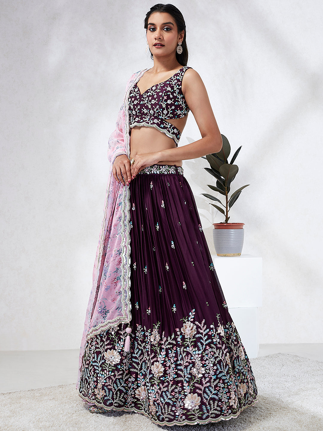 Burgundy Georgette Sequins, Mirror and thread embroidery Semi-Stitched Lehenga choli & Dupatta