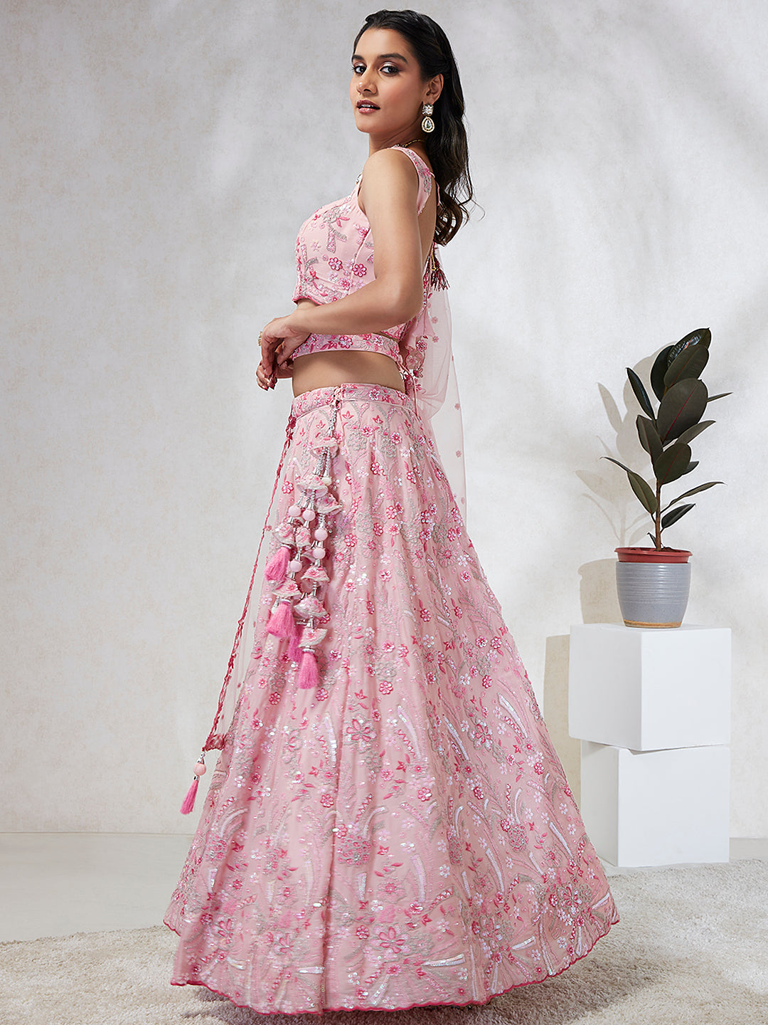 Pink Georgette Sequins and thread embroidery Semi-Stitched Lehenga choli & Dupatta