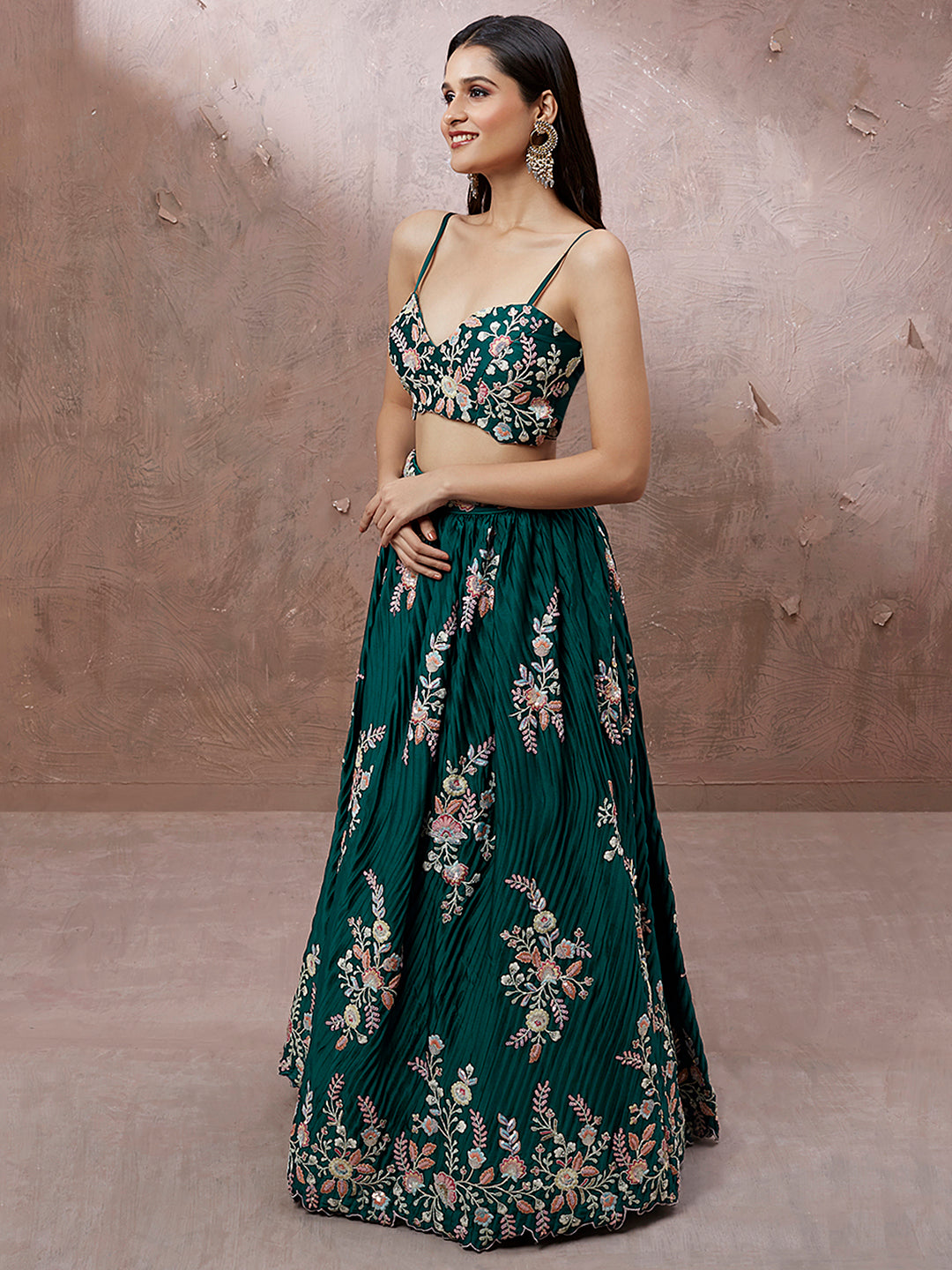 Teal - Pure Georgette Thread & Sequins Work Semi-Stitched Lehenga