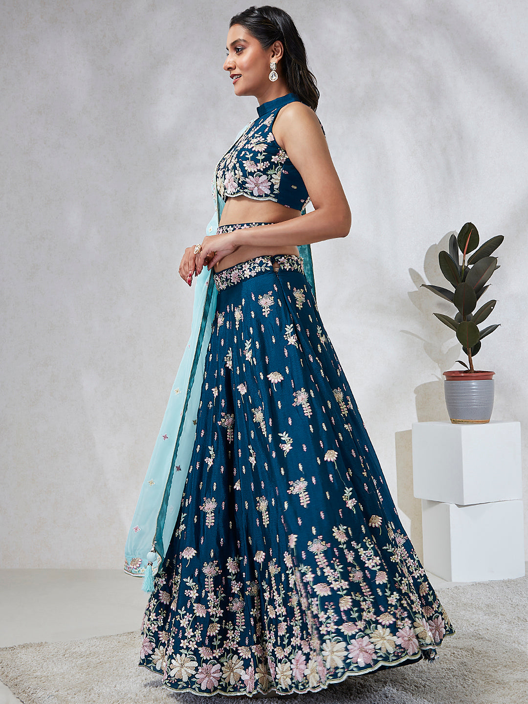 Teal Pure Georgette Sequins and thread embroidery Semi-Stitched Lehenga choli & Dupatta