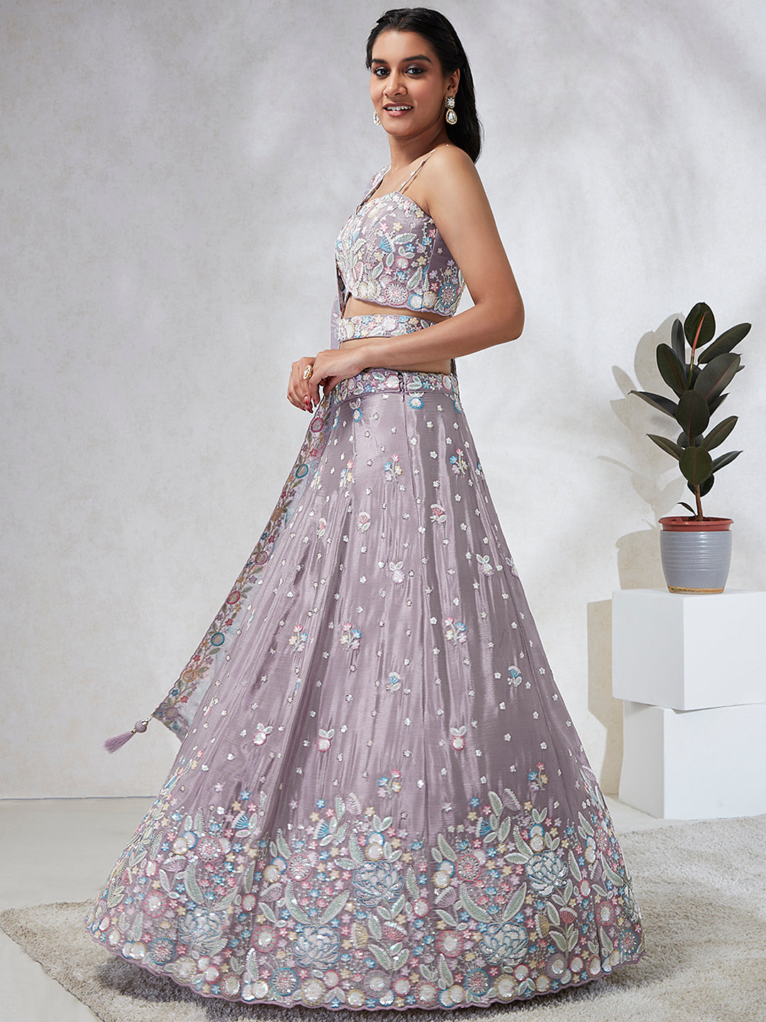 Mauve Chiffon Sequins and thread embroidery Semi-Stitched Lehenga choli & Dupatta