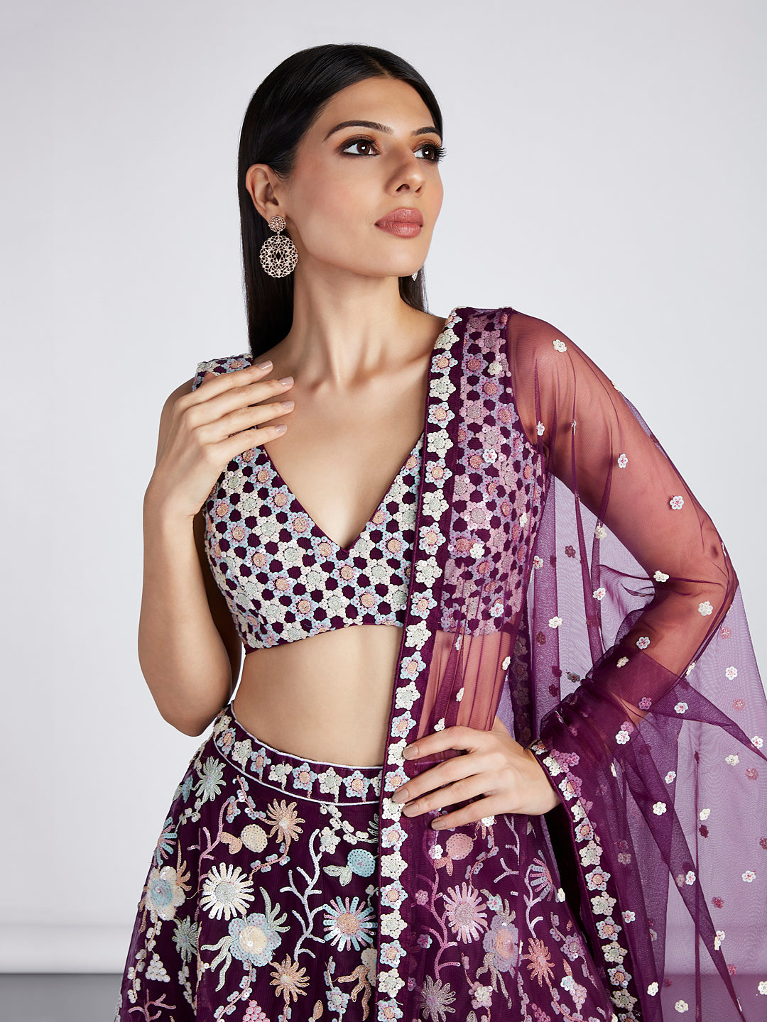 Burgundy Net heavy Sequinse embroidery SemiStitched Lehenga choli & Dupatta