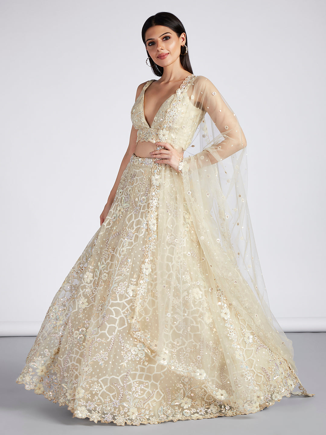 Cream Net Sequinse & Zarkan Work Semi-Stitched Lehenga & Unstitched Blouse with Dupatta