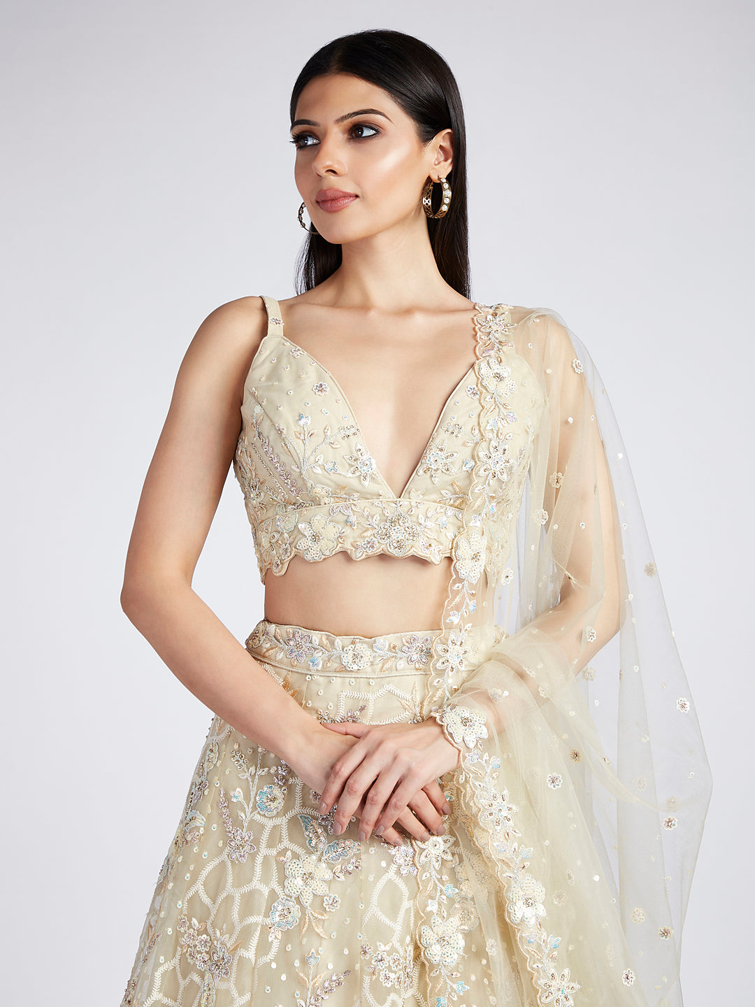 Cream Net Sequinse & Zarkan Work Semi-Stitched Lehenga & Unstitched Blouse with Dupatta