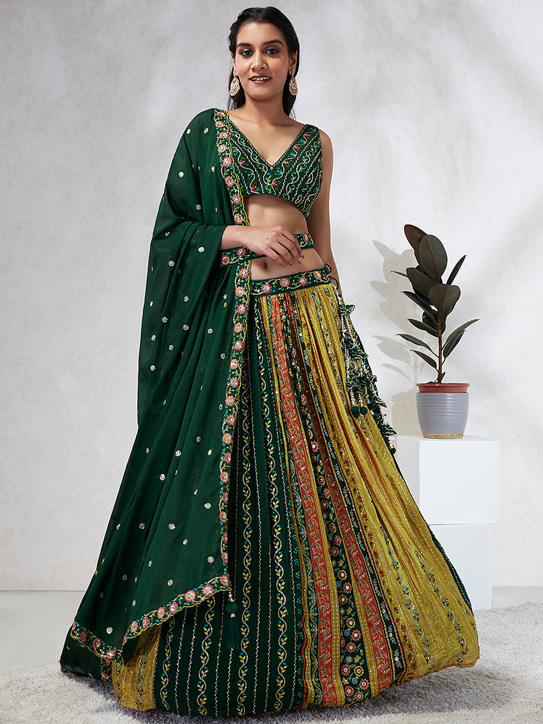 Green Chiffon Position print with Sequins embroidery Semi-Stitched Lehenga choli & Dupatta