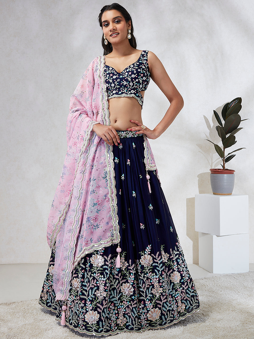 Navy Blue Georgette Sequins, Mirror and thread embroidery Semi-Stitched Lehenga choli & Dupatta