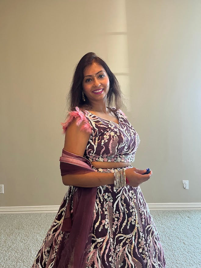 Heavily Embroidered Blouse and Lehenga with Net Dupatta (Purple)