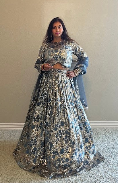 Beautiful Stunning Heavily Long Flared Blouse with Lehenga and dupatta (Peacock Blue)