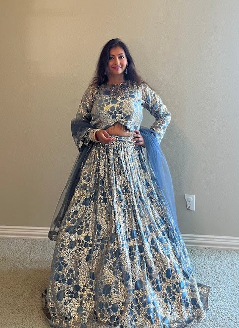 Beautiful Stunning Heavily Long Flared Blouse with Lehenga and dupatta (Peacock Blue)