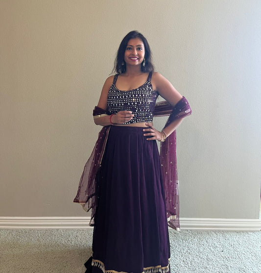 Beautiful Stunning Stripped fully Sequinns worked Crop top with Lehenga and Net Dupatta (Purple)