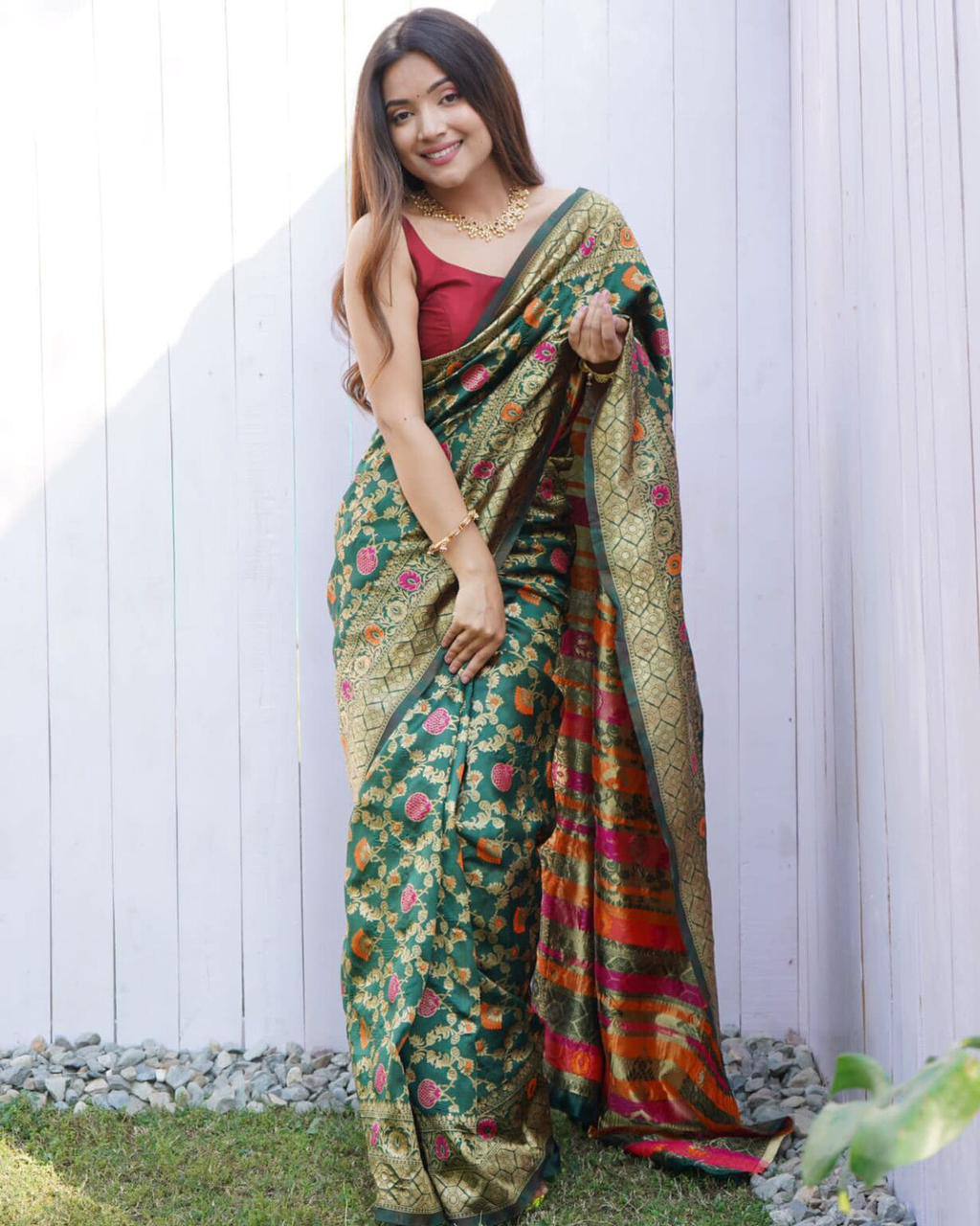 Silk Saree Adorned with Beautiful Zari Work and Solid Jacquard Weave