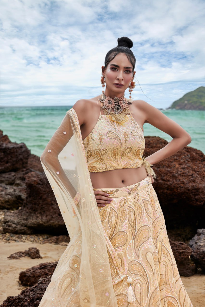 Coral Multi Sequins Lehenga with Zarkan Embroidery and Dupatta