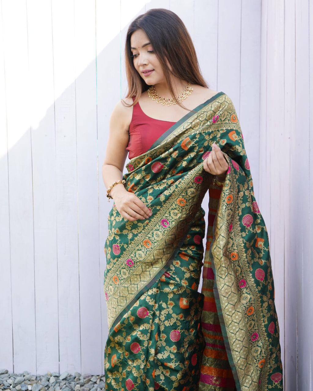 Silk Saree Adorned with Beautiful Zari Work and Solid Jacquard Weave