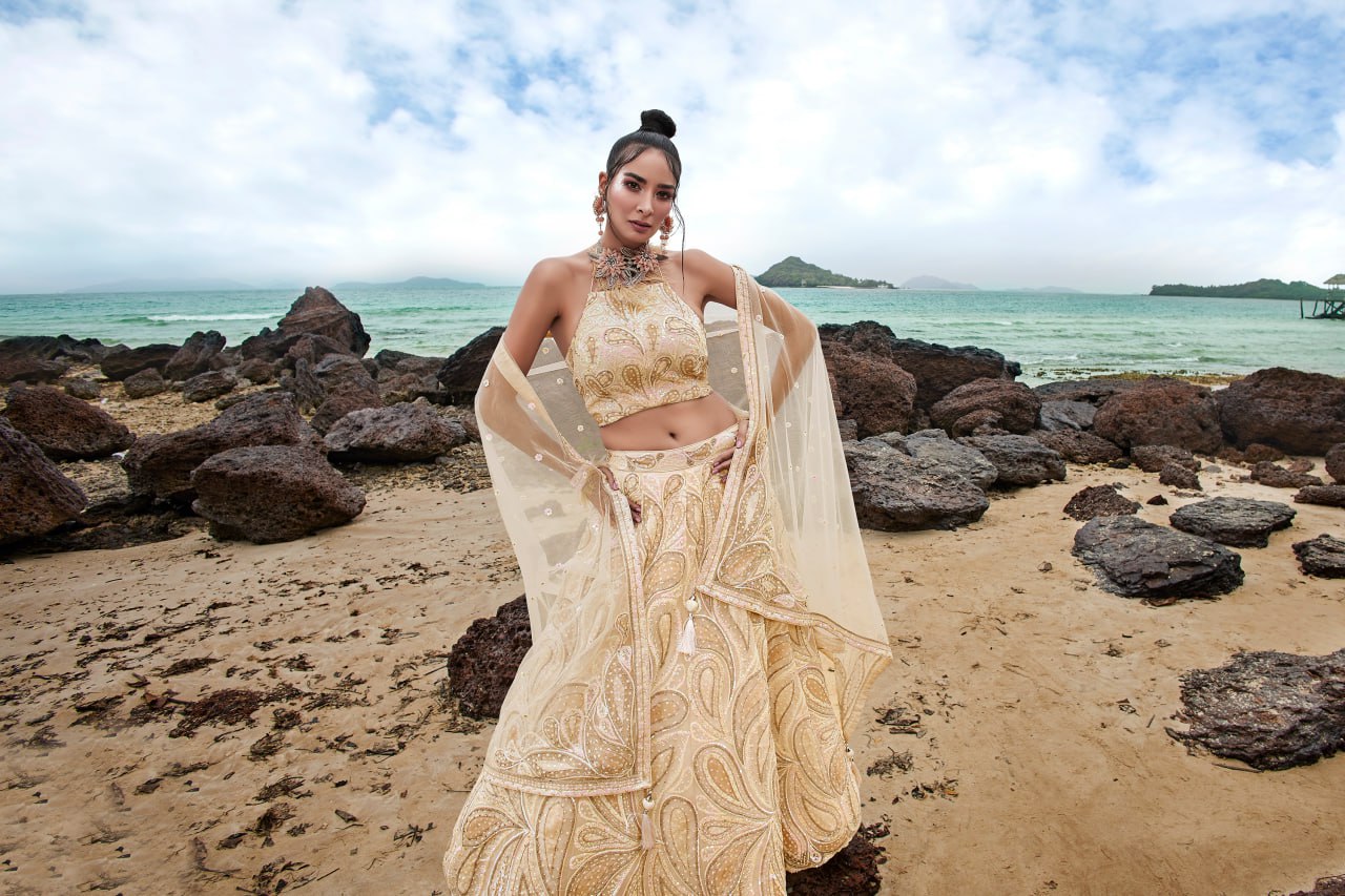 Coral Multi Sequins Lehenga with Zarkan Embroidery and Dupatta