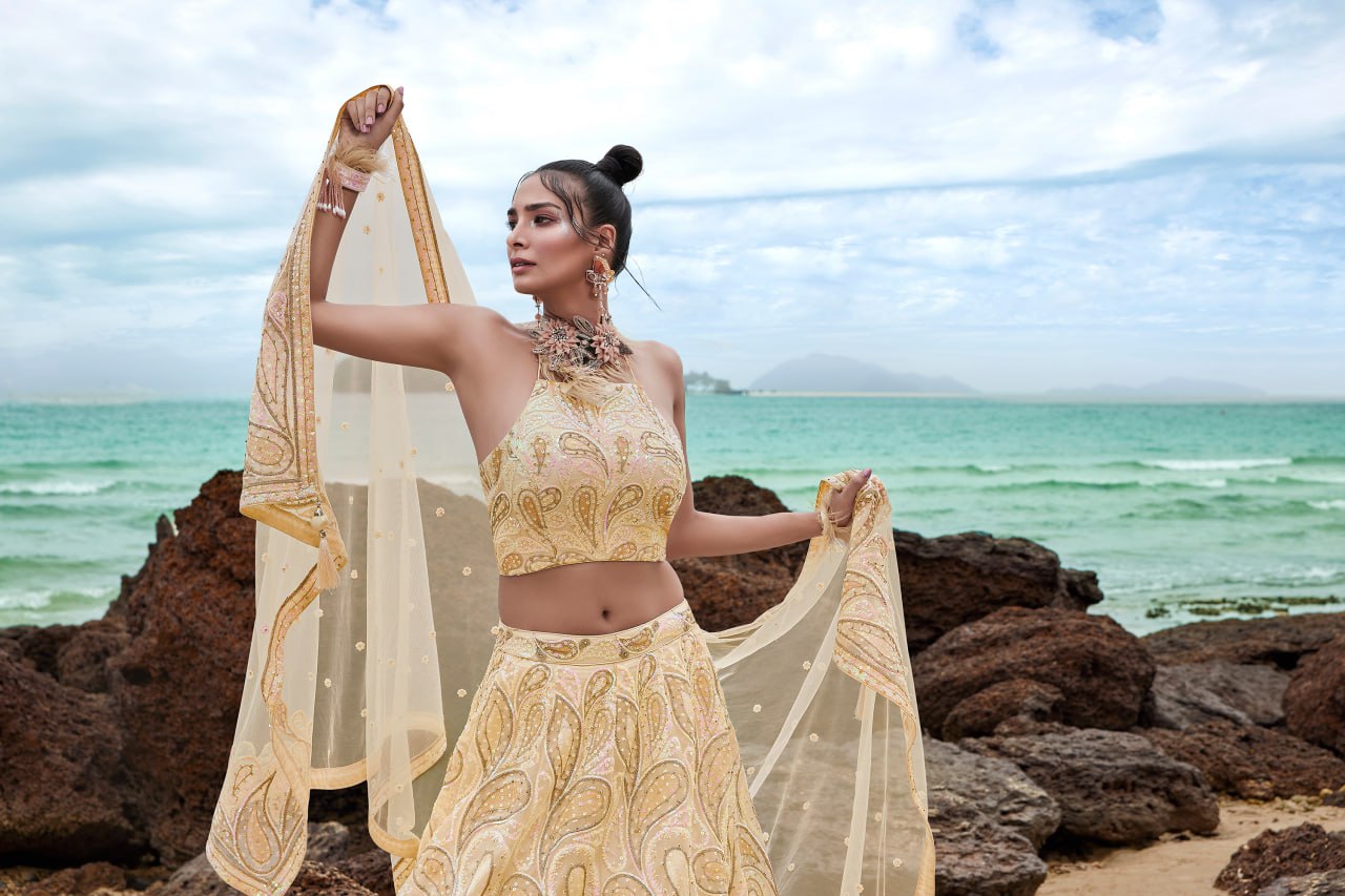 Coral Multi Sequins Lehenga with Zarkan Embroidery and Dupatta